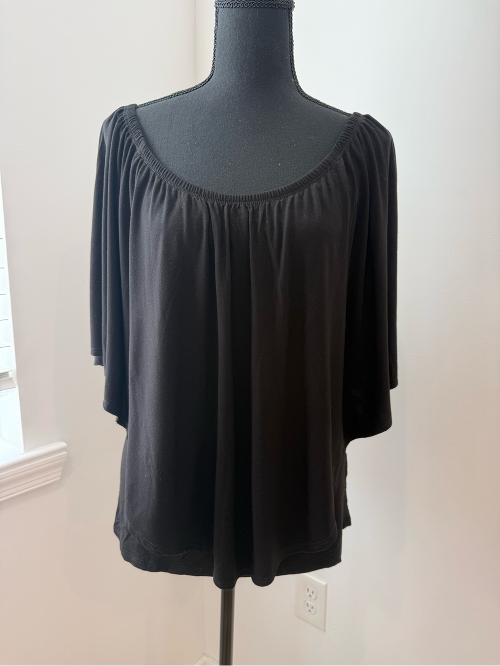 Boston Proper Black Layered Cape Sleeve Top | Size Medium | Elegant Drape Blouse